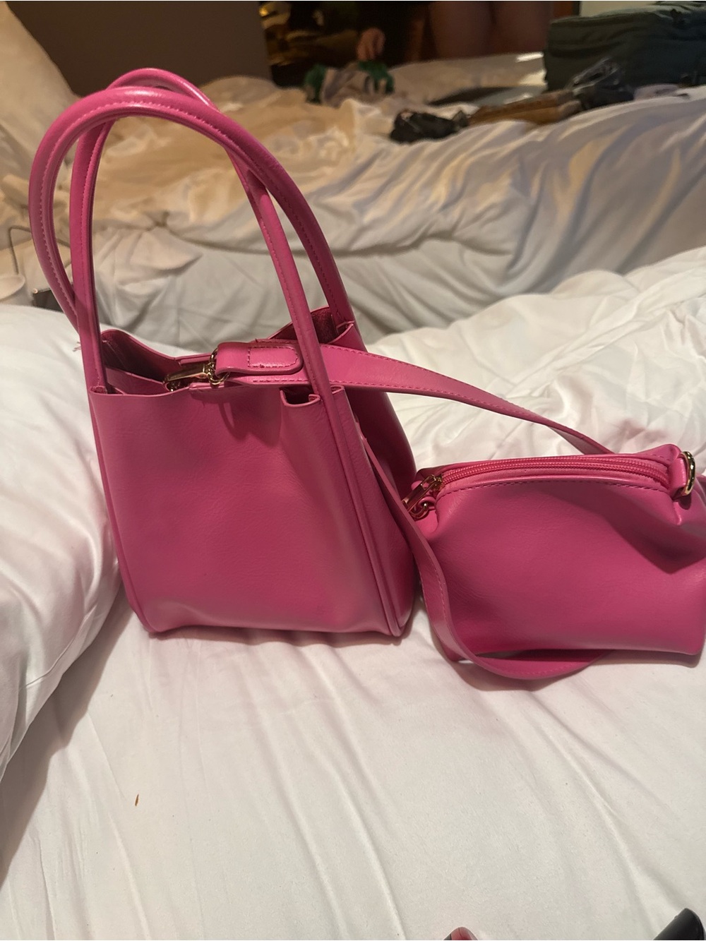Anthropologie Hot Pink Mini Bucket Bag with Matching Pouch - Picture 3 of 10